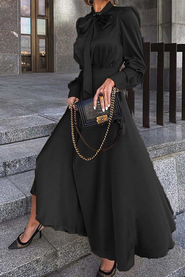 Exquisite Satin Bow Neck Elegant Maxi Dress