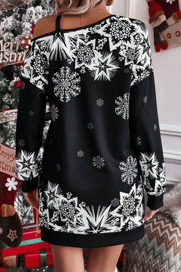 Christmas Snowflake Print Off-Shoulder Autumn and Winter Dress