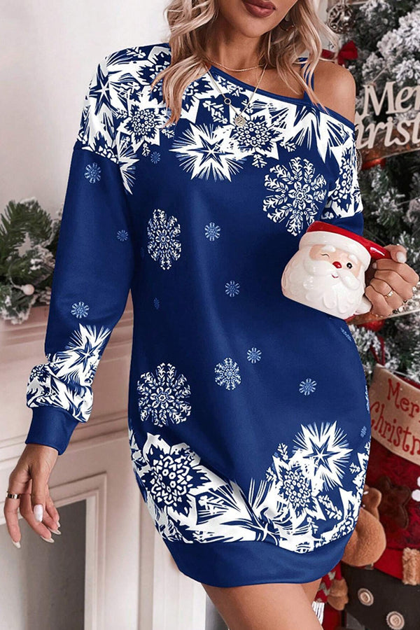 Christmas Snowflake Print Off-Shoulder Autumn and Winter Dress