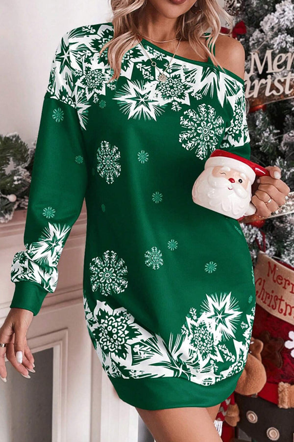 Christmas Snowflake Print Off-Shoulder Autumn and Winter Dress