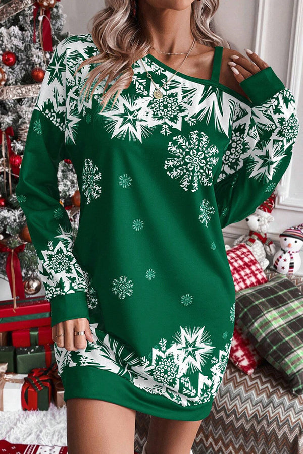 Christmas Snowflake Print Off-Shoulder Autumn and Winter Dress