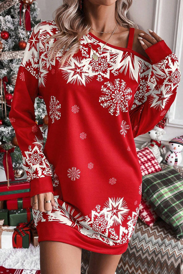 Christmas Snowflake Print Off-Shoulder Autumn and Winter Dress