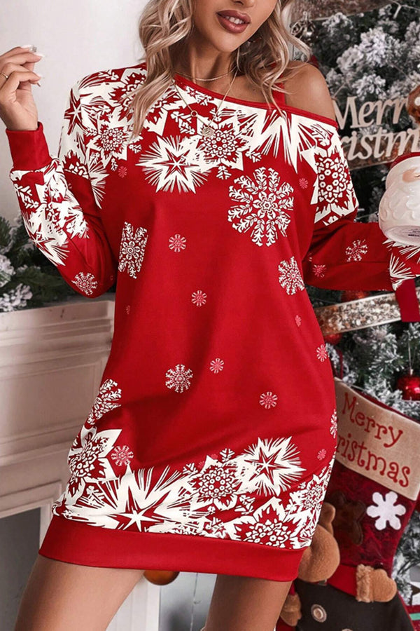 Christmas Snowflake Print Off-Shoulder Autumn and Winter Dress