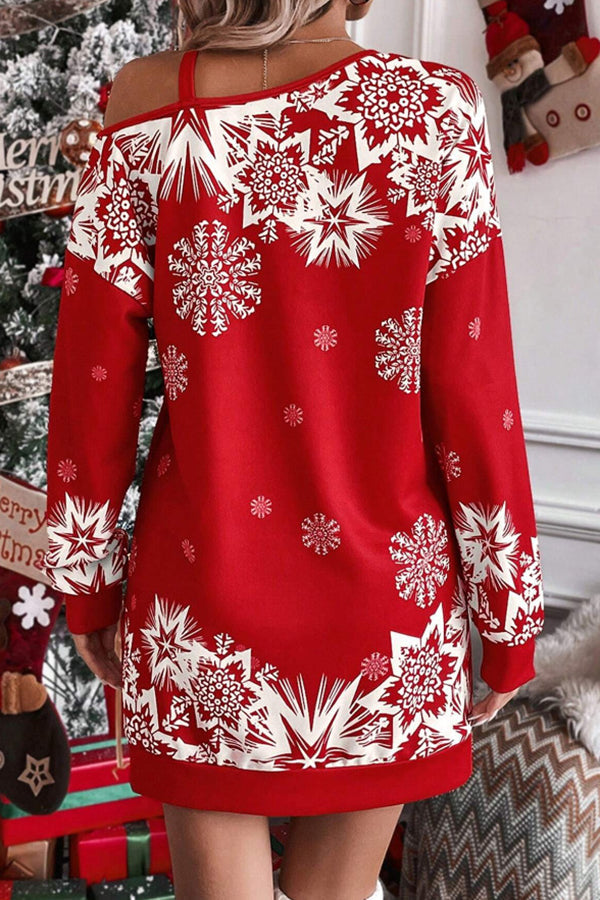 Christmas Snowflake Print Off-Shoulder Autumn and Winter Dress