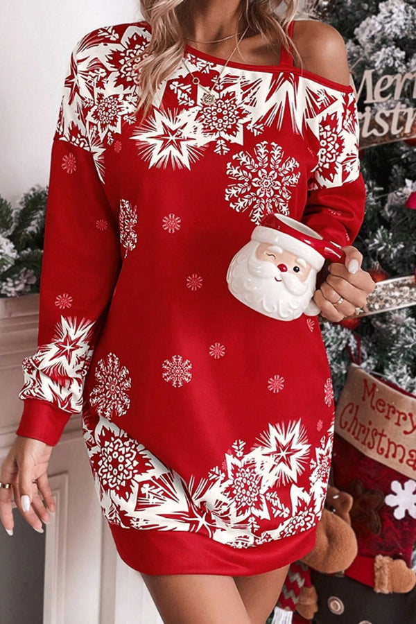 Christmas Snowflake Print Off-Shoulder Autumn and Winter Dress