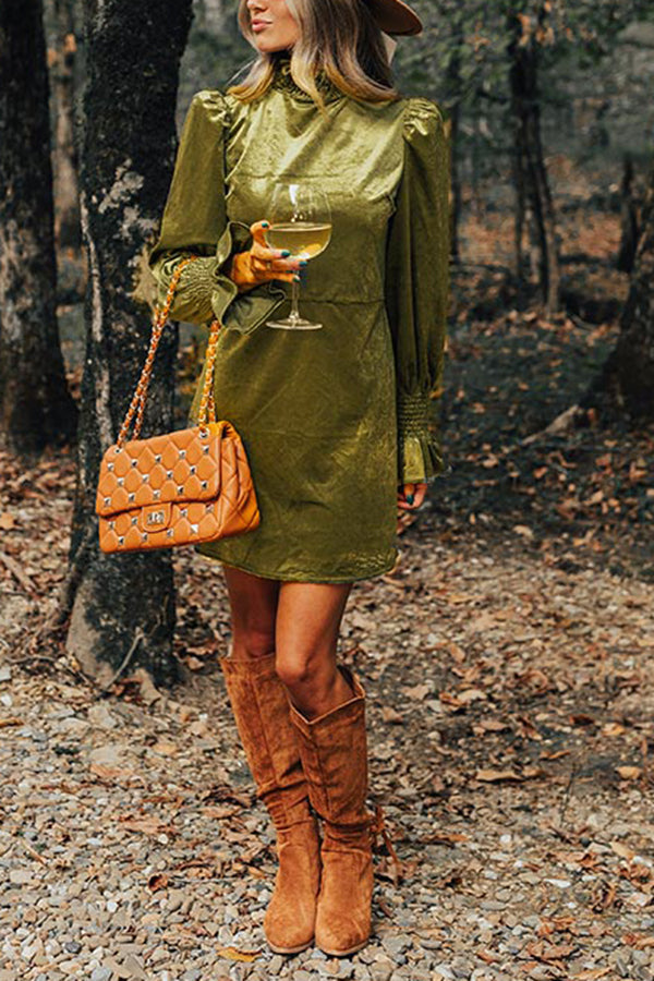 Fashionably Late Velvet Mini Dress in Olive