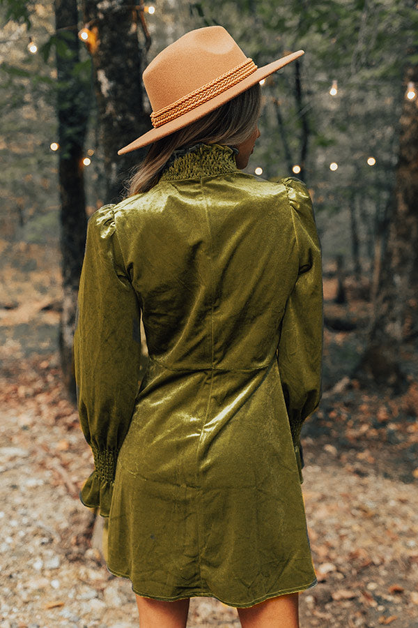 Fashionably Late Velvet Mini Dress in Olive