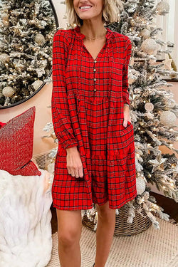 Classic Christmas Red Plaid V-Neck Elegant Dress