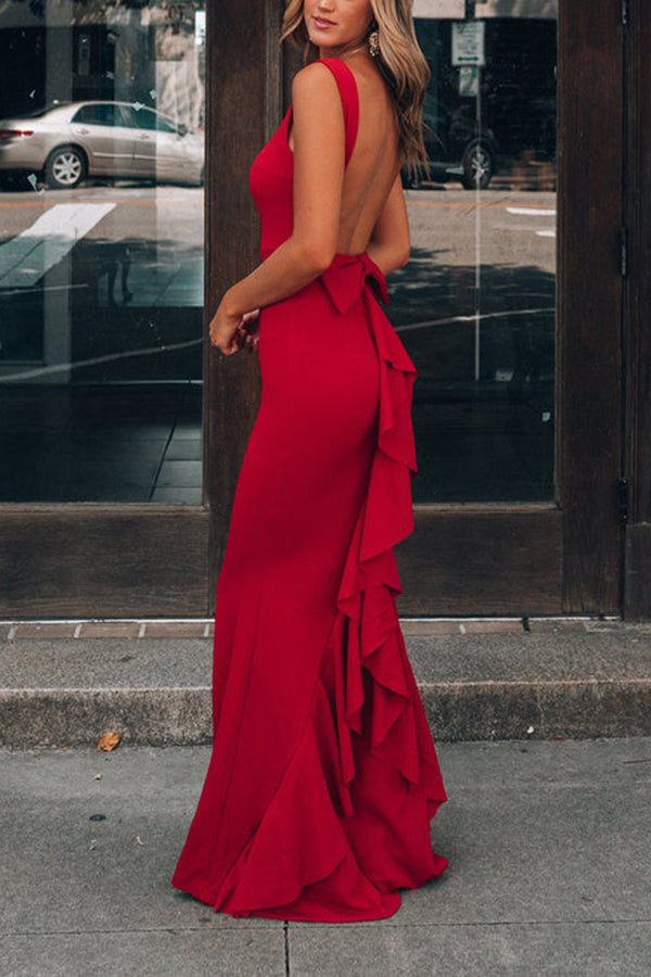 Red Bow Knot Ruffled Backless Sleeveless Gown