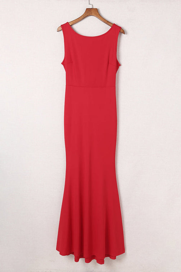 Red Bow Knot Ruffled Backless Sleeveless Gown