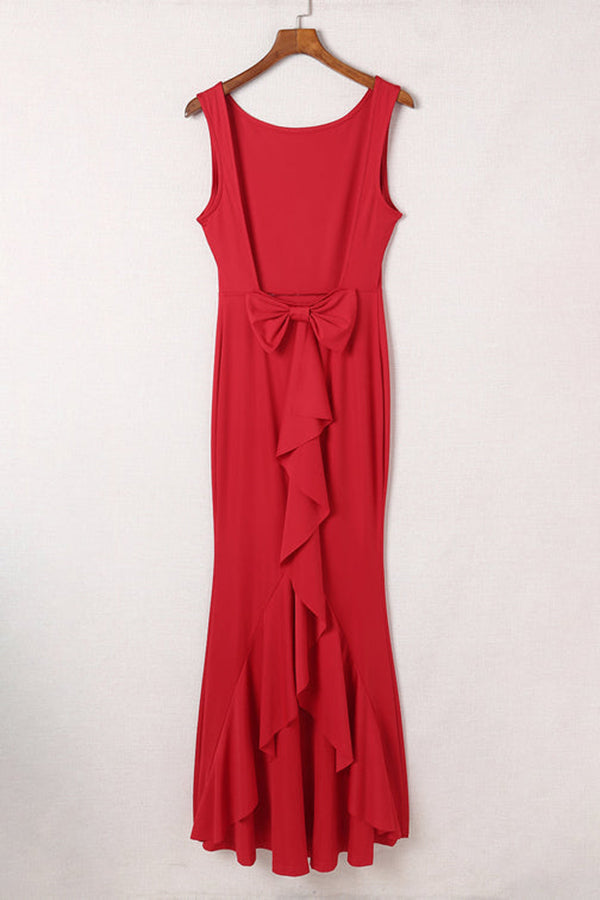 Red Bow Knot Ruffled Backless Sleeveless Gown