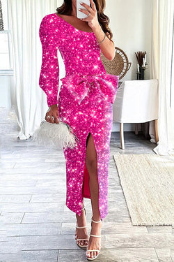 Elegant Sequin Bow Off-Shoulder Maxi Dress