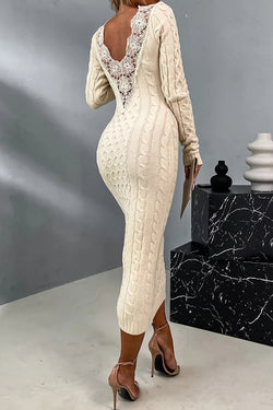 Elegant V Neck Lace Back Sweater Dress