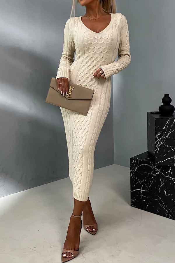 Elegant V Neck Lace Back Sweater Dress