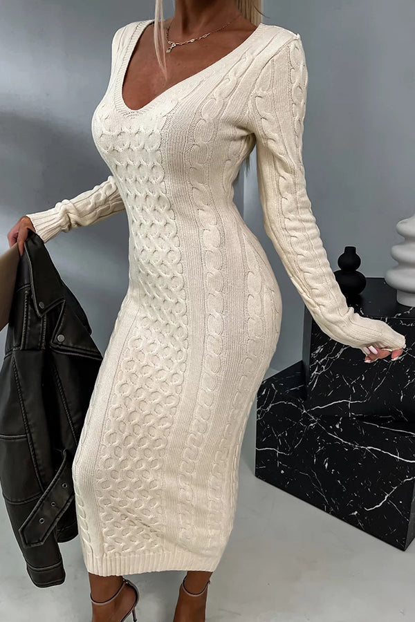 Elegant V Neck Lace Back Sweater Dress