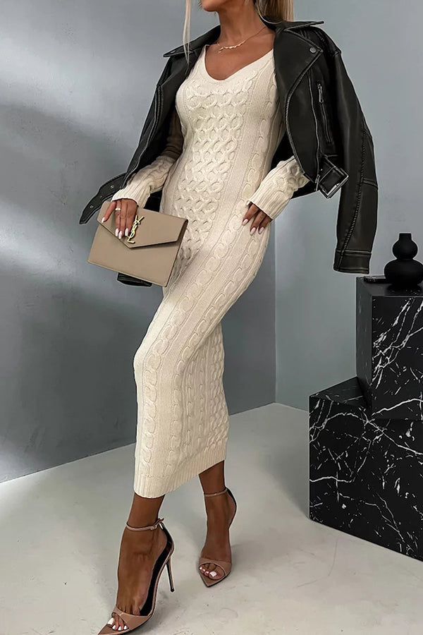 Elegant V Neck Lace Back Sweater Dress