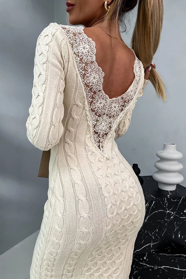 Elegant V Neck Lace Back Sweater Dress