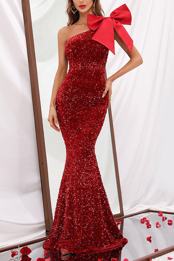 Elegant One Shoulder Prom Dress With A Big Bow