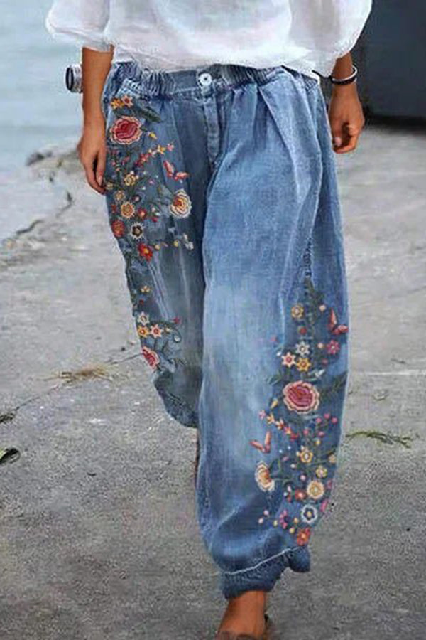 Embroidered Lantern Denim Trousers