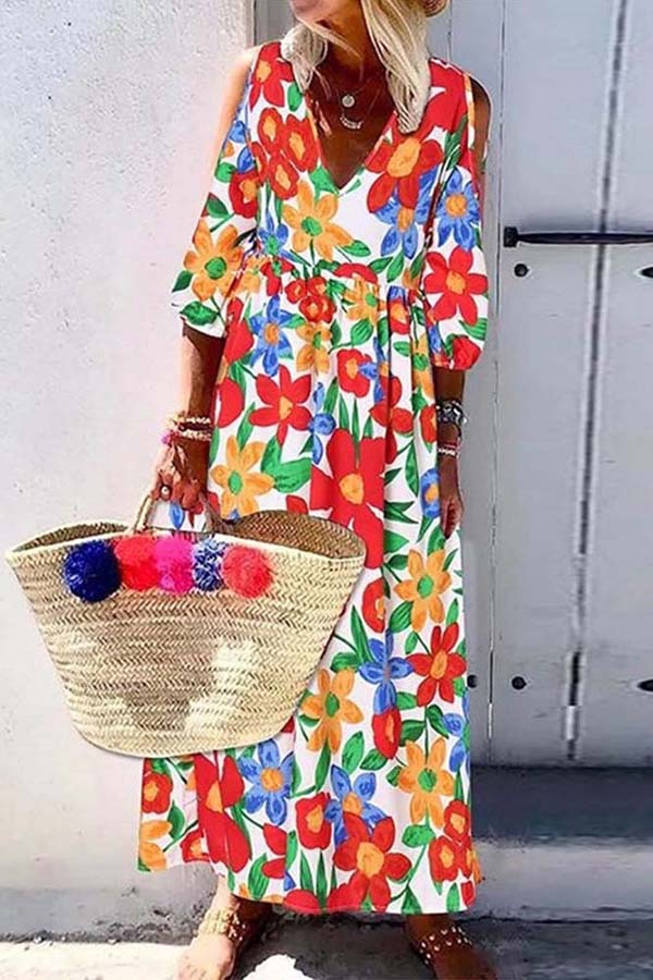 Attractive 3/4 Sleeve Print Maxi Dress