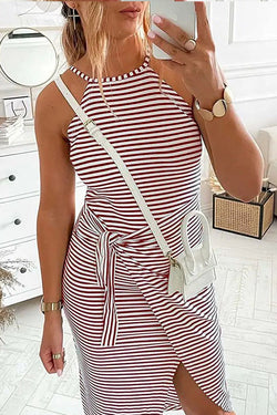 Striped Print Tied Detail Sleeveless Casual Dress