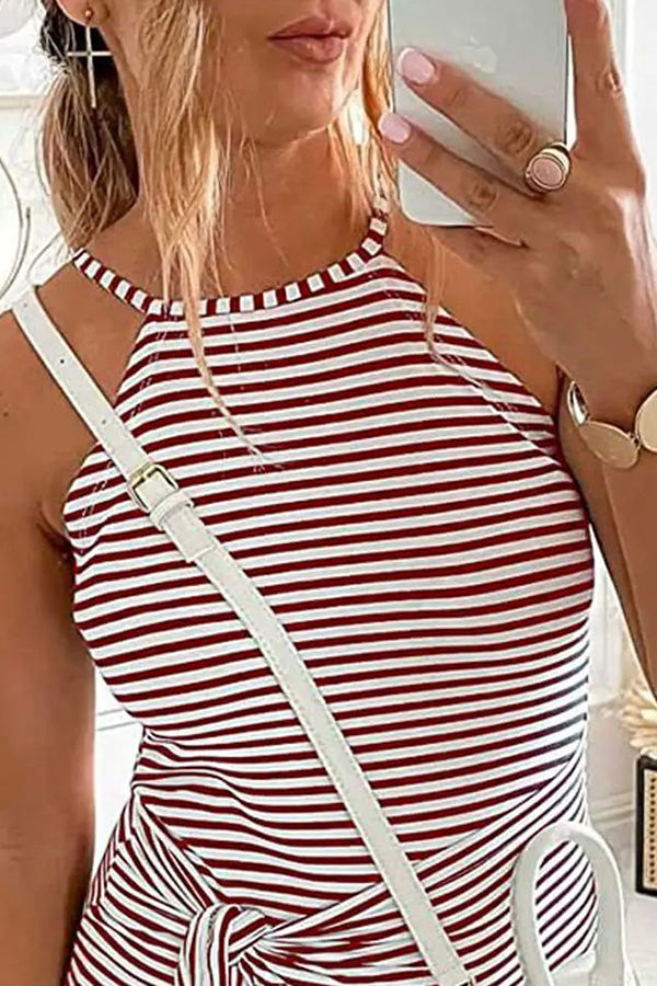 Striped Print Tied Detail Sleeveless Casual Dress