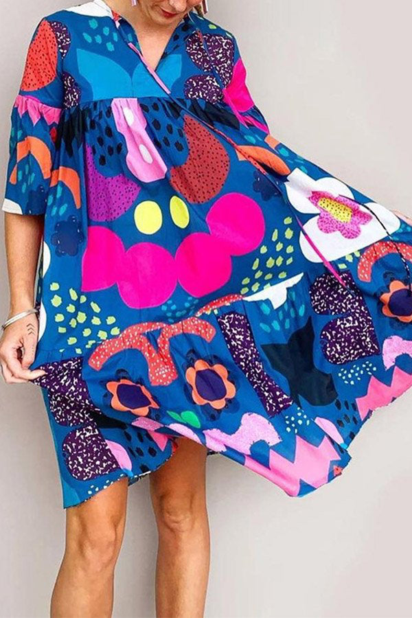 Printed Three-quarter Sleeve Swing Dress