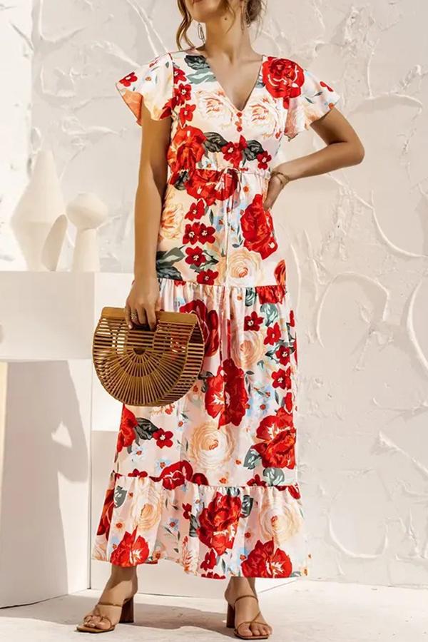 V-neck Floral Print Maxi Dress