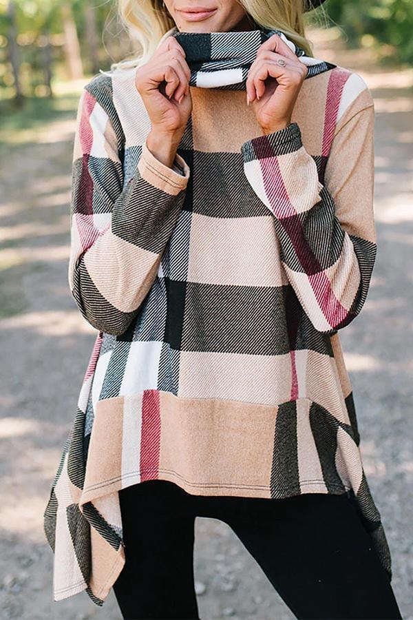 Irregular Plaid Long Sleeve T-shirt