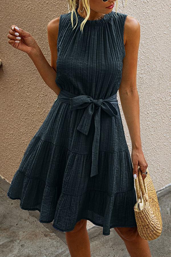 Elegant Solid Color Draw Back Bow Belt Dress