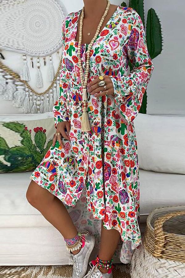 Pretty Floral Print V Neck Dress