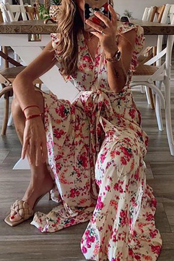 Floral Print Lace-up Dress