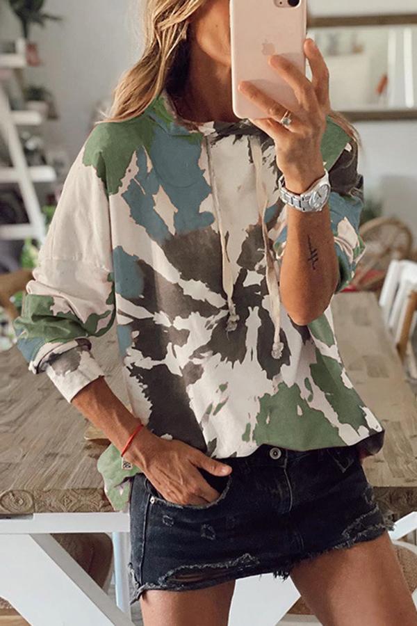 Tie-dye Printed Long-sleeved Casual Loose Hooded Sweatshirt