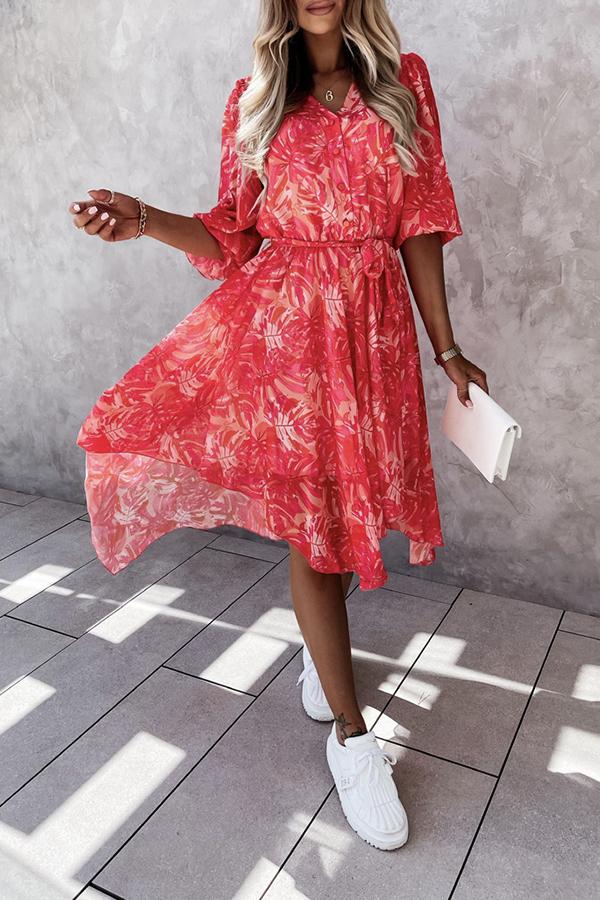 Red Print Short Sleeve Midi Dress