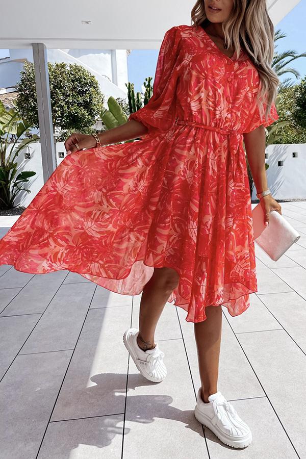 Red Print Short Sleeve Midi Dress