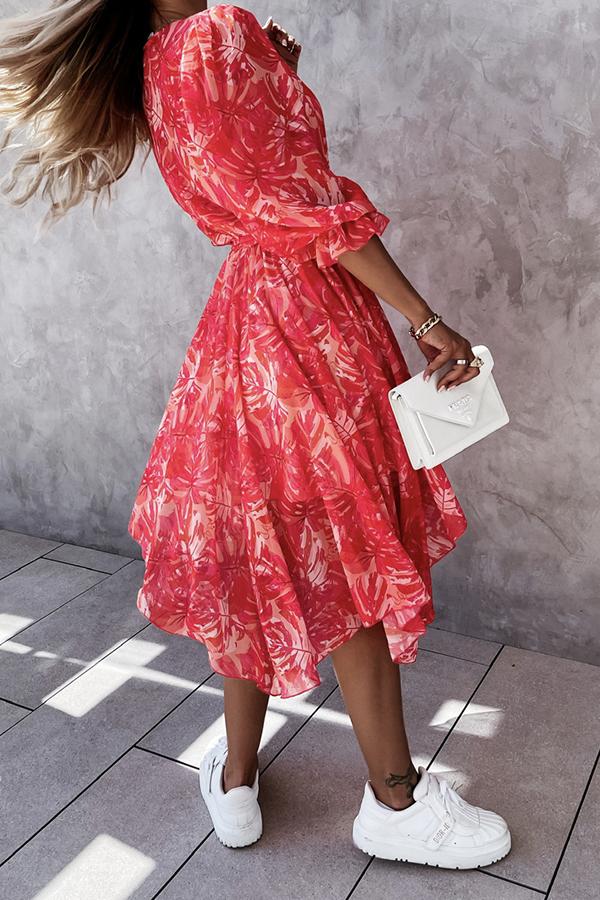 Red Print Short Sleeve Midi Dress