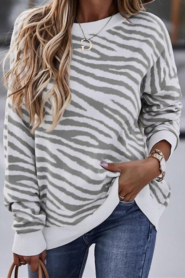 Zebra Print Crew Neck Pullover Sweatshirt