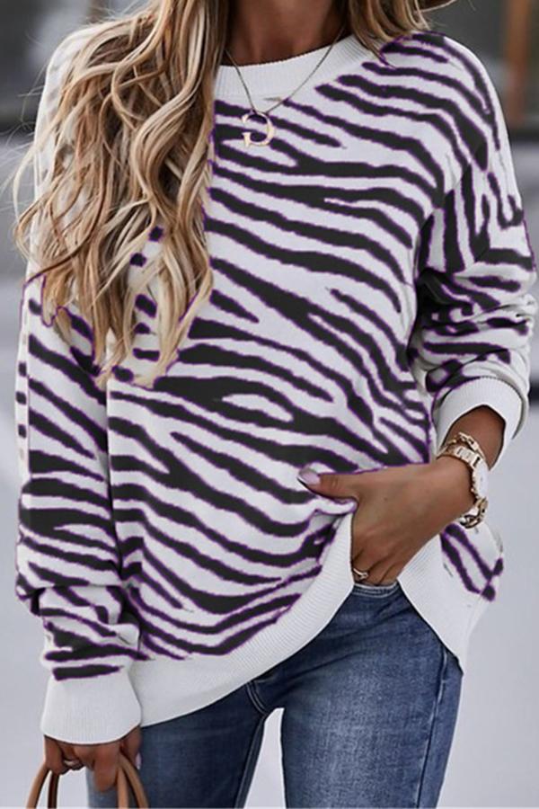 Zebra Print Crew Neck Pullover Sweatshirt