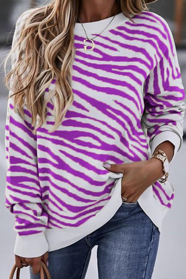 Zebra Print Crew Neck Pullover Sweatshirt