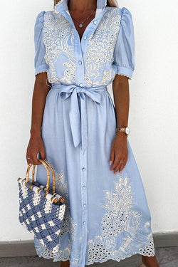 Lace Stitching Blue Midi Dress