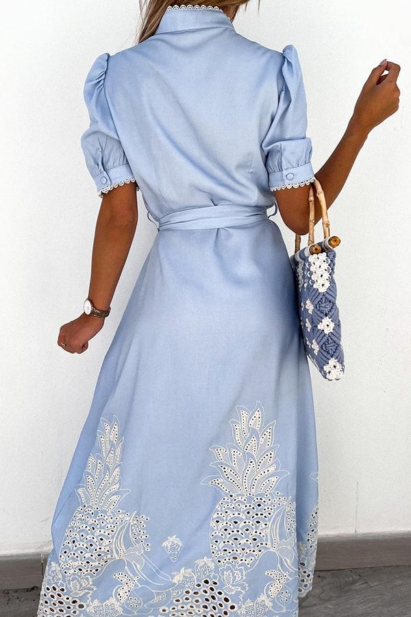 Lace Stitching Blue Midi Dress