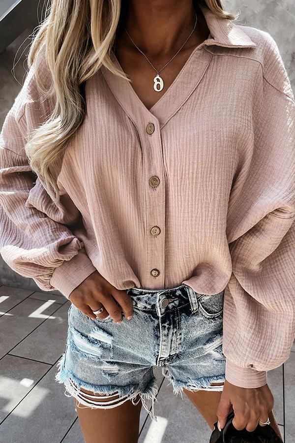 V-neck Buttoned Lantern Sleeve Shirt