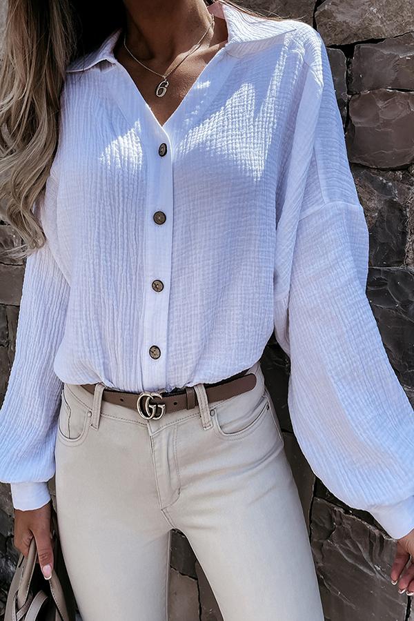 V-neck Buttoned Lantern Sleeve Shirt