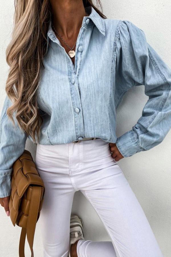 Solid Color Denim Single Breasted Blouse