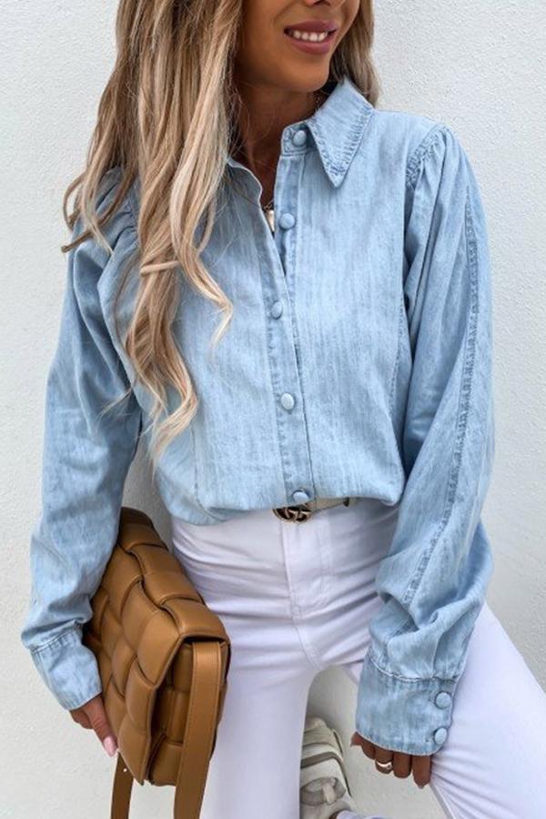 Solid Color Denim Single Breasted Blouse