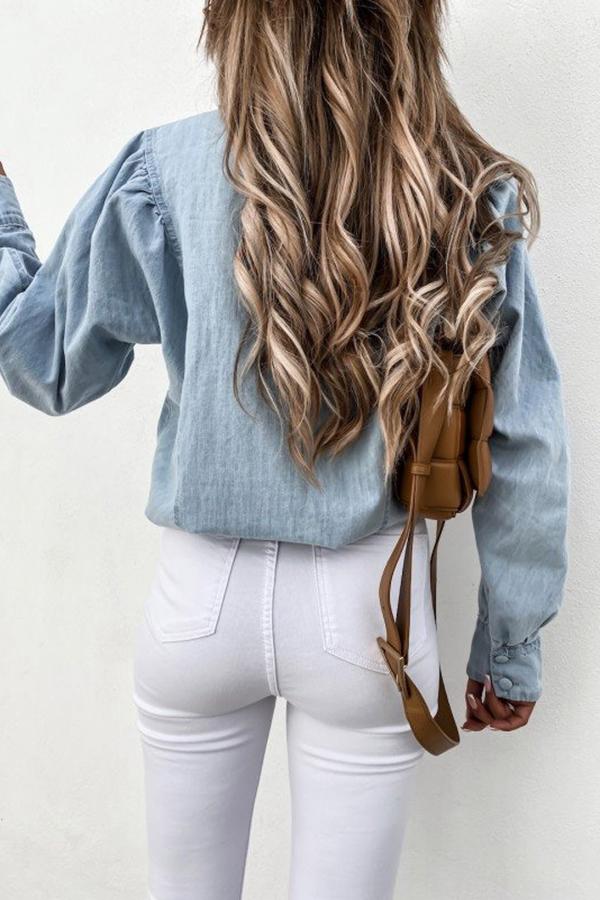 Solid Color Denim Single Breasted Blouse