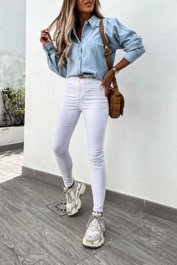 Solid Color Denim Single Breasted Blouse