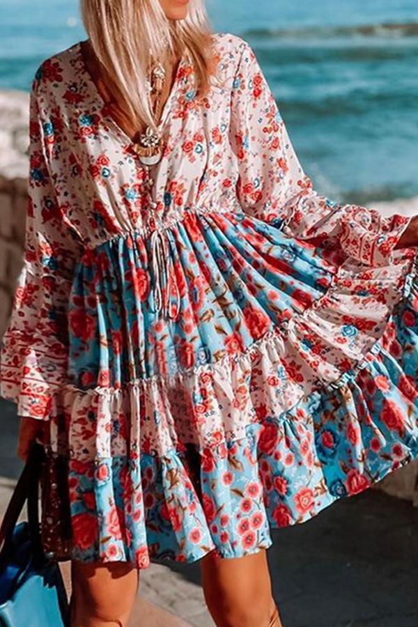 Bohemian Floral Color Block Mini Dress