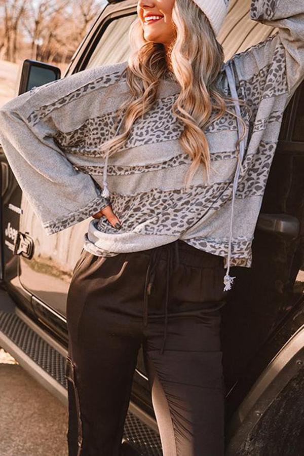 Leopard Print Stitching Loose Hooded Sweatshirt