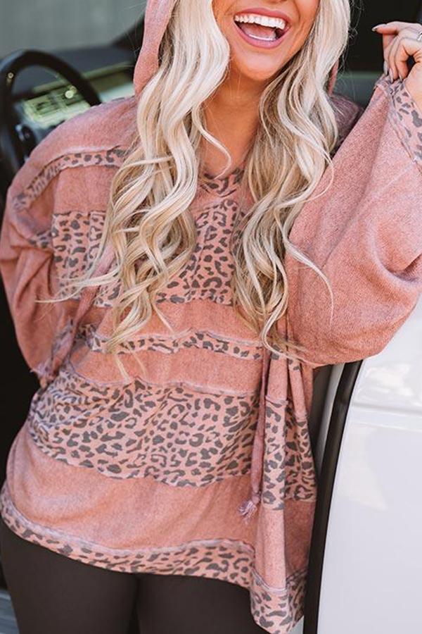 Leopard Print Stitching Loose Hooded Sweatshirt